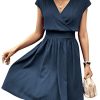 41w4v4-aUL.jpg Women's Short Batwing Sleeve Cross Wrap V-Neck A-line Casual Swing Dress Plain Shirred Flared Short Dress