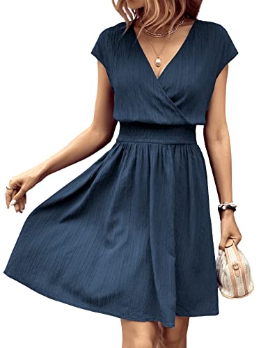 41w4v4-aUL.jpg Women's Short Batwing Sleeve Cross Wrap V-Neck A-line Casual Swing Dress Plain Shirred Flared Short Dress