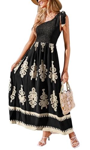 41w6h5YFyHL.jpg Women's Smocked One Shoulder Summer Dresses Sleeveless Vacation Maxi Dress Long Beach Sundress