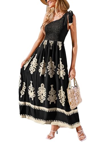 Women's Smocked One Shoulder Summer Dresses Sleeveless Vacation Maxi Dress Long Beach Sundress