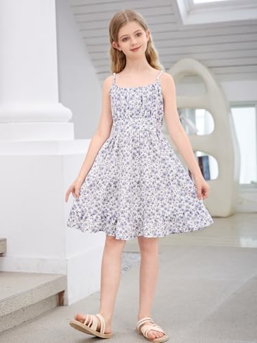 Girl's Spaghetti Strap Ruched Cami Dress Floral Print Ruffle Flared Mini Dresses