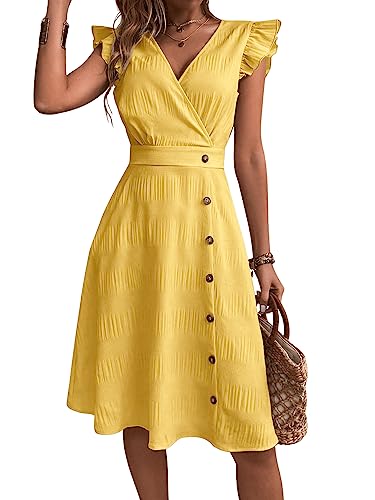 Women's Sleeveless Ruffle Trim V Neck Wrap Dress Button Front A Line Knee Length Dresses