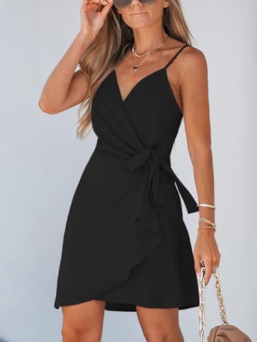 Women Spaghetti Strap Summer Dress Surplice V Neck Wrap Waist Tie Casual Beach Sundress Holiday Vacation Mini Dress