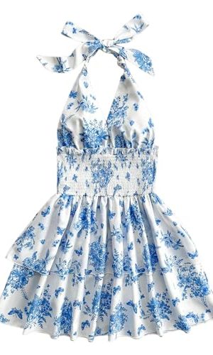 Women's Sundresses Boho Halter V Neck Backless Ruffle Flowy Summer Beach Mini Dress