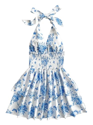 41wTJAhV3L.jpg Women's Sundresses Boho Halter V Neck Backless Ruffle Flowy Summer Beach Mini Dress