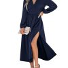 41wfqwfDB4L.jpg Fall Dresses for Women V Neck Long Sleeve Tunic Waist Slit Solid Color A Line Midi Casual Dress