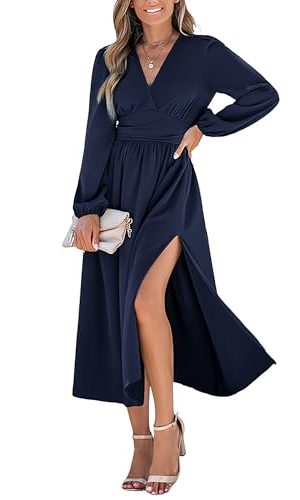 Fall Dresses for Women V Neck Long Sleeve Tunic Waist Slit Solid Color A Line Midi Casual Dress