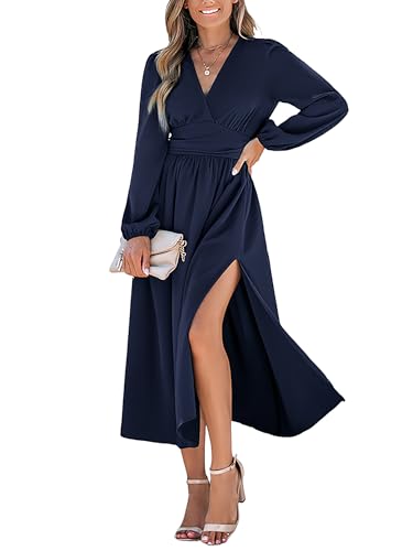 41wfqwfDB4L.jpg Fall Dresses for Women V Neck Long Sleeve Tunic Waist Slit Solid Color A Line Midi Casual Dress