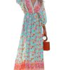 41wglgPQbXL.jpg Women's Plunging V Neck Paisley Boho Backless Beach Dress Blouson Sleeve Back Tie Waist Tie Maxi Summer Dresses