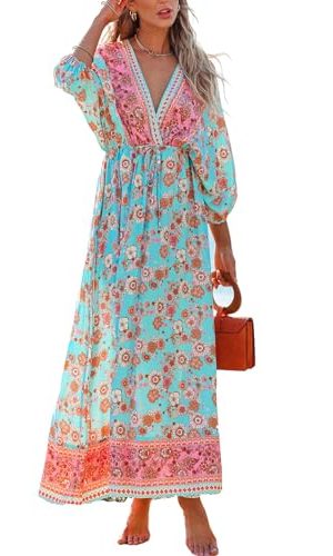 41wglgPQbXL.jpg Women's Plunging V Neck Paisley Boho Backless Beach Dress Blouson Sleeve Back Tie Waist Tie Maxi Summer Dresses