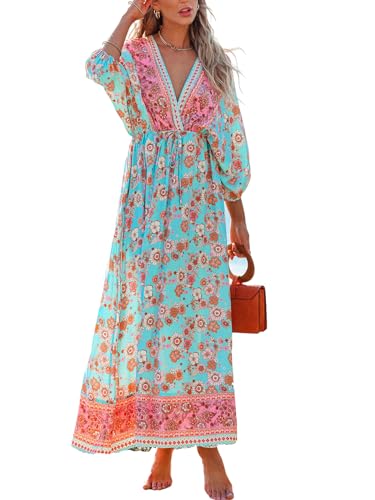 41wglgPQbXL.jpg Women's Plunging V Neck Paisley Boho Backless Beach Dress Blouson Sleeve Back Tie Waist Tie Maxi Summer Dresses