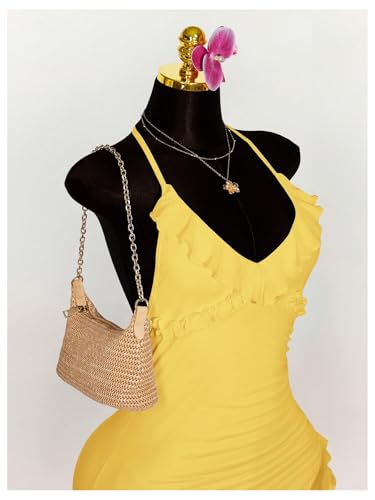 Women's Summer Halter Dress Sexy Deep V Neck Backless Ruffle Asymmetric Hem Bodycon Party Club Midi Dresses
