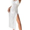 Women's Backless Crochet Beach Cover Up Sheer Split Thigh Sleeveless Long Cami Dresses