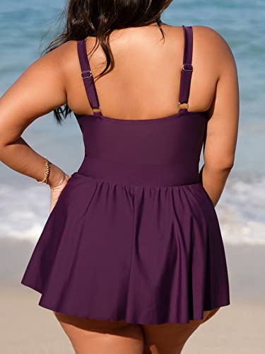 Plus Size Swimsuit for Women One Piece Bathing Suit Scoop Neck Ruffled Swim Dress Adjustable Straps