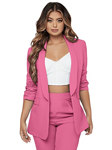 Women's 2 Piece Solid Ruched Sleeve Blazer and Pants Business Office Suit Set