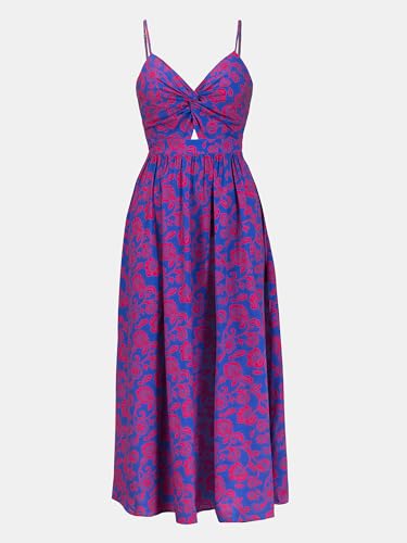 Women's Maxi Dress Floral Print Twisted V Neck Sleeveless Long Dress Summer Casual Dress