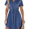 Women Summer Dresses Drawstring Button Front Short Sleeve V Neck Mini Dress Short Sleeve Sundress