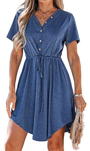Women Summer Dresses Drawstring Button Front Short Sleeve V Neck Mini Dress Short Sleeve Sundress