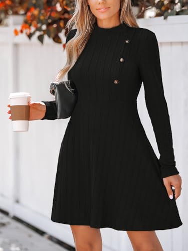 41yCZLtilL.jpg Women's Mini Dresses Round Neck Long Sleeve Textured Button Knit A Line Short Casual Fall Dresses