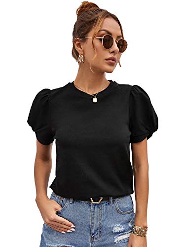 41yDfM55SZL.jpg Women's Summer Short Puff Sleeve Tee Top Round Neck T-Shirt