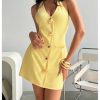 41yRqLomR9L.jpg Women's Deep V Neck Halter Fitted Mini Dress Button Down Sleeveless Summer Vacation Dresses