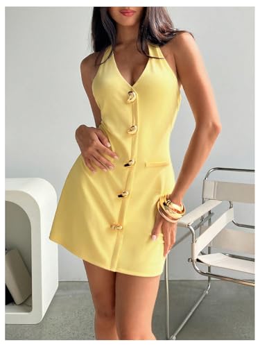 41yRqLomR9L.jpg Women's Deep V Neck Halter Fitted Mini Dress Button Down Sleeveless Summer Vacation Dresses