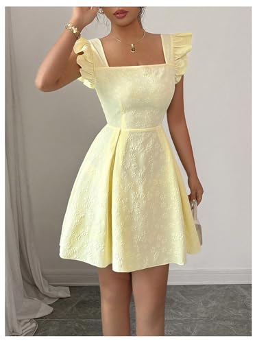 Women's Ruffle Cap Sleeve Square Neck Dress Textured Short Dress Summer Smocked A Line Dresses