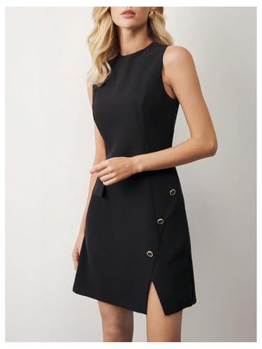 41z5YPfsukL.jpg Women's Crew Neck Sleeveless Mini Dresses Split Button Elegant Formal Dresses