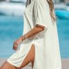Women V-Neck Slit Mini Cover-Up Dress Casual Summer Short Sleeves Solid Cover Up