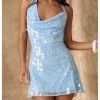 Women's Sequin Sparkly Halter Mini Dress Cowl Neck Draped Backless Sleeveless A Line Party Summer Dresses