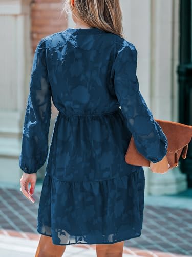Women Ruffle Lace Mini Fall Dresses Semi Formal Wedding Guest Dress V Neck Long Puff Sleeve Elastic Waist Tie
