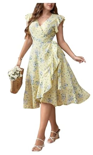 Women's Plus Size Floral Print A Line Midi Dress Cap Sleeve Wrap Ruffle Boho Summer Dresses