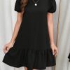 Women's Short Puff Sleeve Ruffle Hem Mini Dress Casual Round Neck Solid Smock Dress