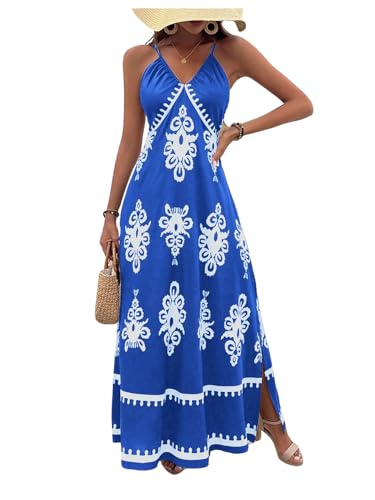 41zsVjTi16L.jpg Women's Summer Printed Maxi Dress V Neck Spaghetti Strap Split Flowy Cami Dresses Sundress