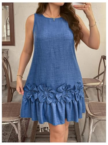 Women's Plus Size Ruffle Hem Tank Dress Crew Neck Sleeveless 3D Flower Summer Short Dresses
