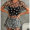 Women's Floral Sheer Mesh Swimsuit Coverups Short Sleeve Mini Beach Dresses