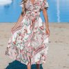 Women's Ruffle Beach Dress Paisley V Neck Short Sleeve Pleated High Waist Maxi Summer Dresses