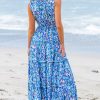 Women's Maxi Dress Ruffled V Neck Abstract Printed Sleeveless Self Tie A Line Long Summer Formal Dress