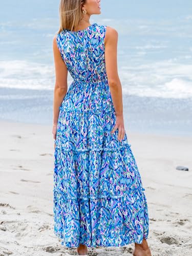 Women's Maxi Dress Ruffled V Neck Abstract Printed Sleeveless Self Tie A Line Long Summer Formal Dress