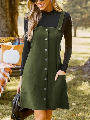 51-jddtR-L.jpg Casual Dresses for Women Square Neck Button Front Sleeveless Pockets A Line Mini Overall Dress