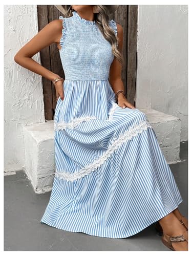 Women's Summer Long Dress Casual Boho Striped Sleeveless Smocked Tiered Ruffle Sundress