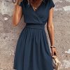 510lfIUbO4L.jpg Women's Short Batwing Sleeve Cross Wrap V-Neck A-line Casual Swing Dress Plain Shirred Flared Short Dress