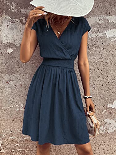 510lfIUbO4L.jpg Women's Short Batwing Sleeve Cross Wrap V-Neck A-line Casual Swing Dress Plain Shirred Flared Short Dress