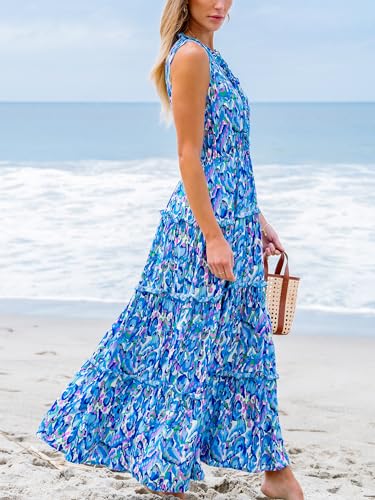 Women's Maxi Dress Ruffled V Neck Abstract Printed Sleeveless Self Tie A Line Long Summer Formal Dress