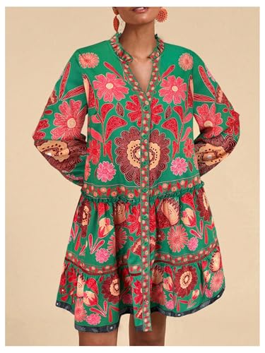 510oXdmnFRL.jpg Women's Floral Print Summer Short Dresses Boho Beach Long Sleeve Button Down Flowy Smock Dress