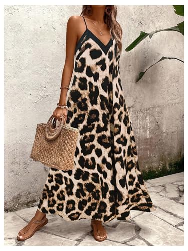511CNqAx7uL.jpg Women's Leopard Print Maxi Dress V Neck Spaghetti Strap Flowy Long Vacation Summer Dresses