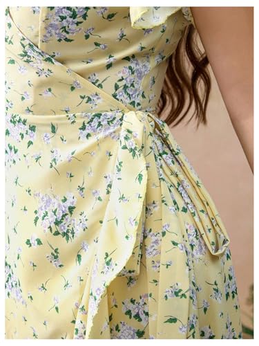 Women's Plus Size Floral Print A Line Midi Dress Cap Sleeve Wrap Ruffle Boho Summer Dresses