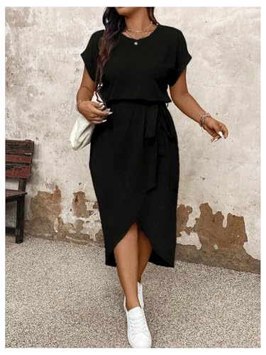 511YBkpGckL.jpg Women's Plus Size Wrap Long Dress Dolman Sleeve Crew Neck Belted Casual Dresses