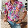 Women's Floral Print Button Down Blouse Ruffle Short Puff Sleeve Boho Tops