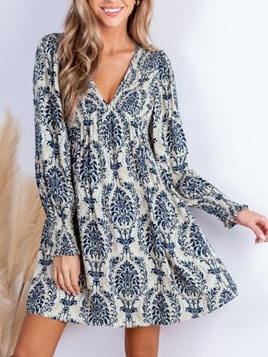 51294jb865L.jpg Women's Mini Dress Smocked V Neck Long Sleeve Empire Waist Casual A Line Dress